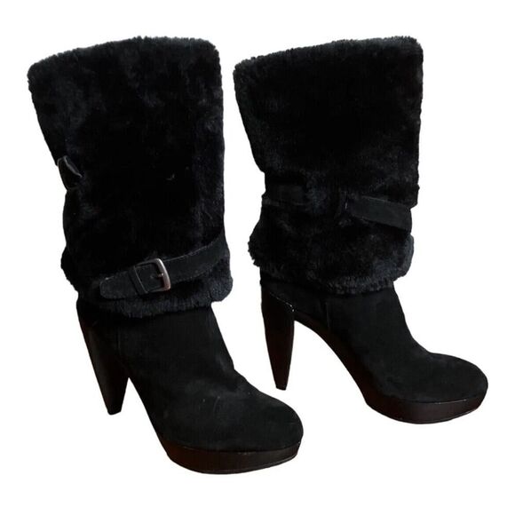 Nine West Priska Suede Platform Faux Fur Black Booties Boots Heeled US Size 7.5M - Picture 2 of 13